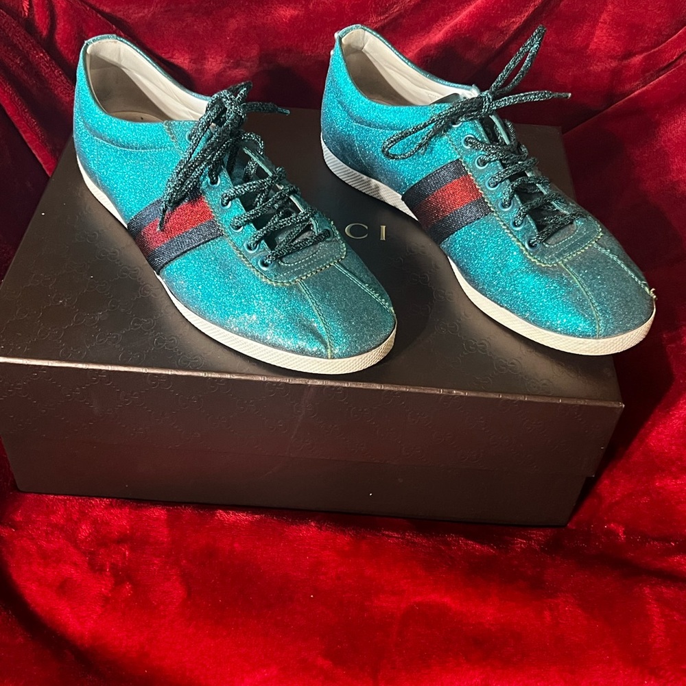 Gucci Sparkling Teal Sneakers with Red and Black Accents